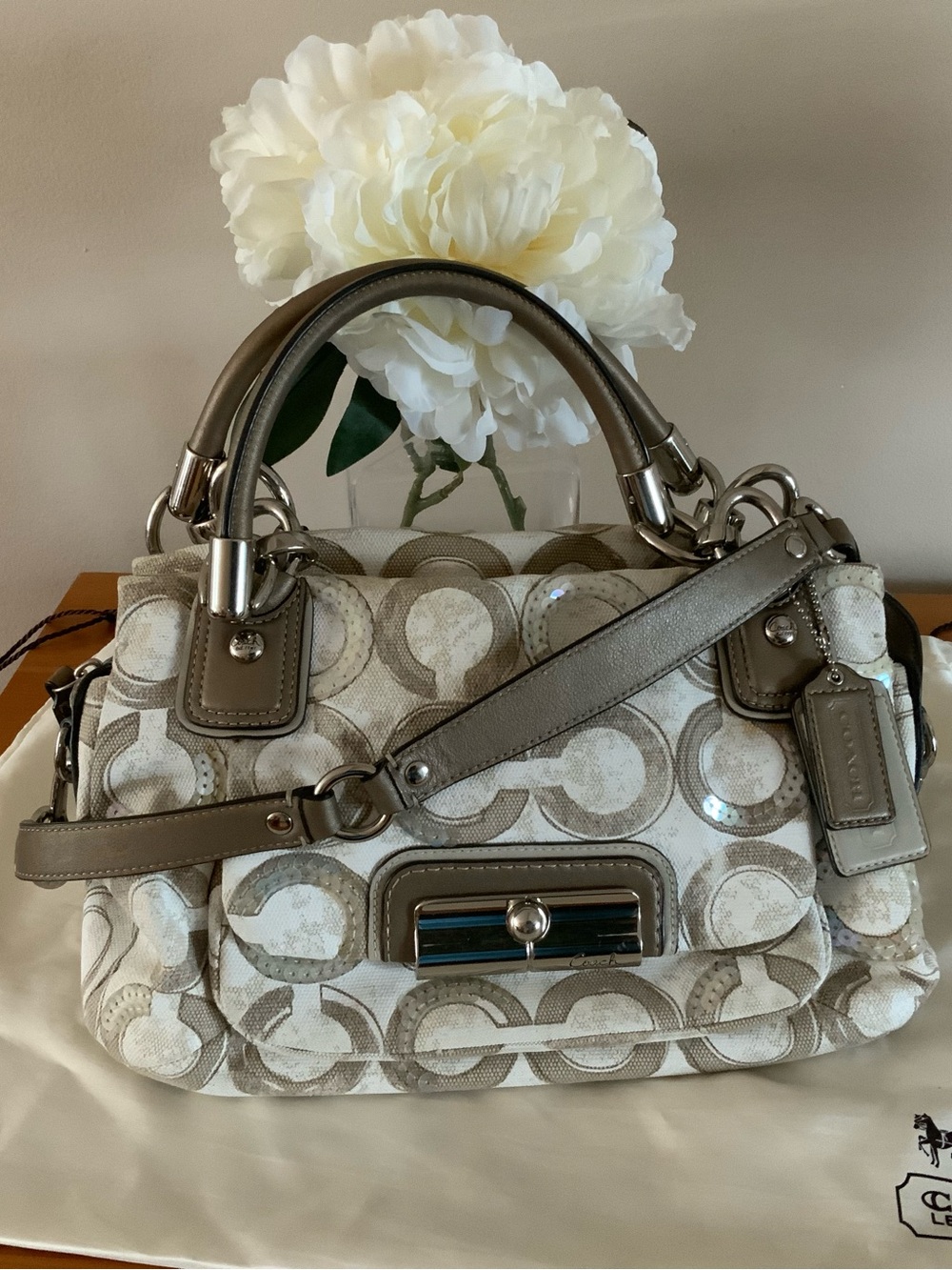 Coach Cream and Taupe Signature Shoulder Satchel